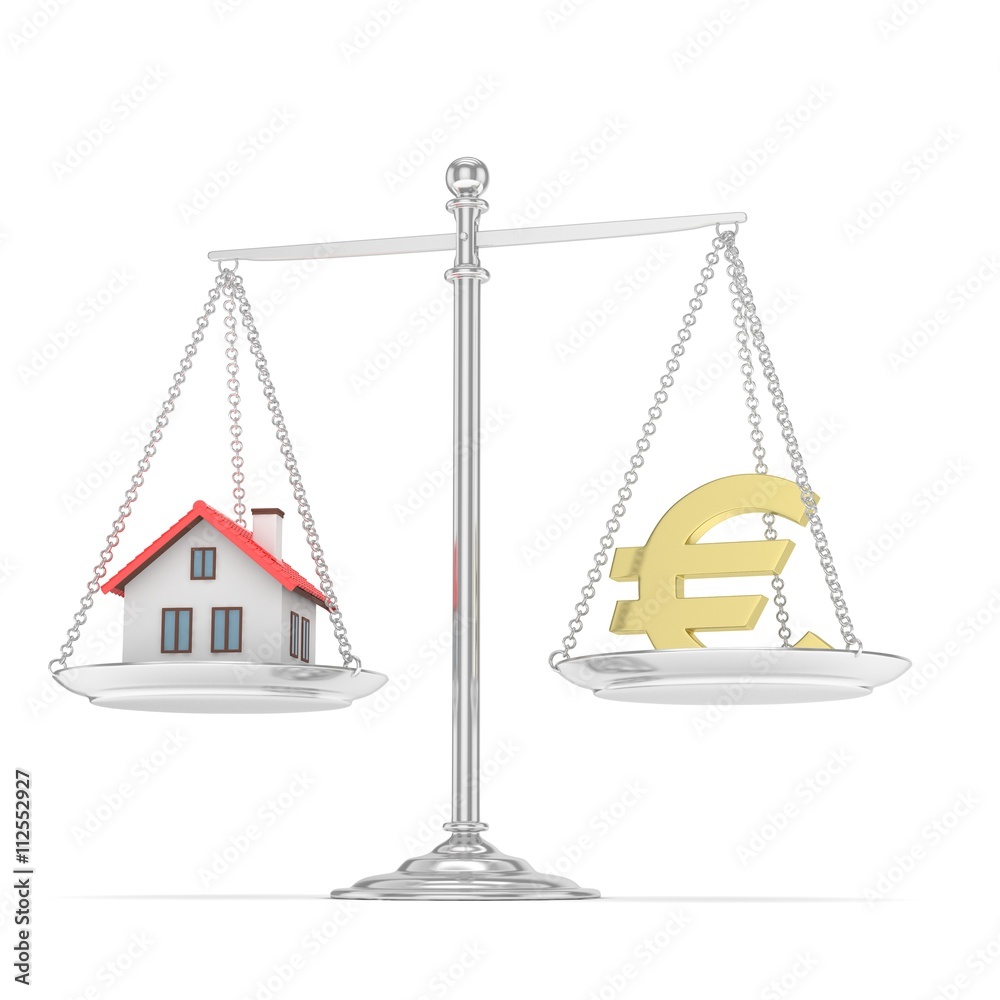 Isolated silver scales with golden euro and house on white background. Investment or savings concept. Real estate and currency. 3D rendering. Isolated silver scales with golden euro and house on white background. Investment or savings concept. Real estate and currency. 3D rendering.