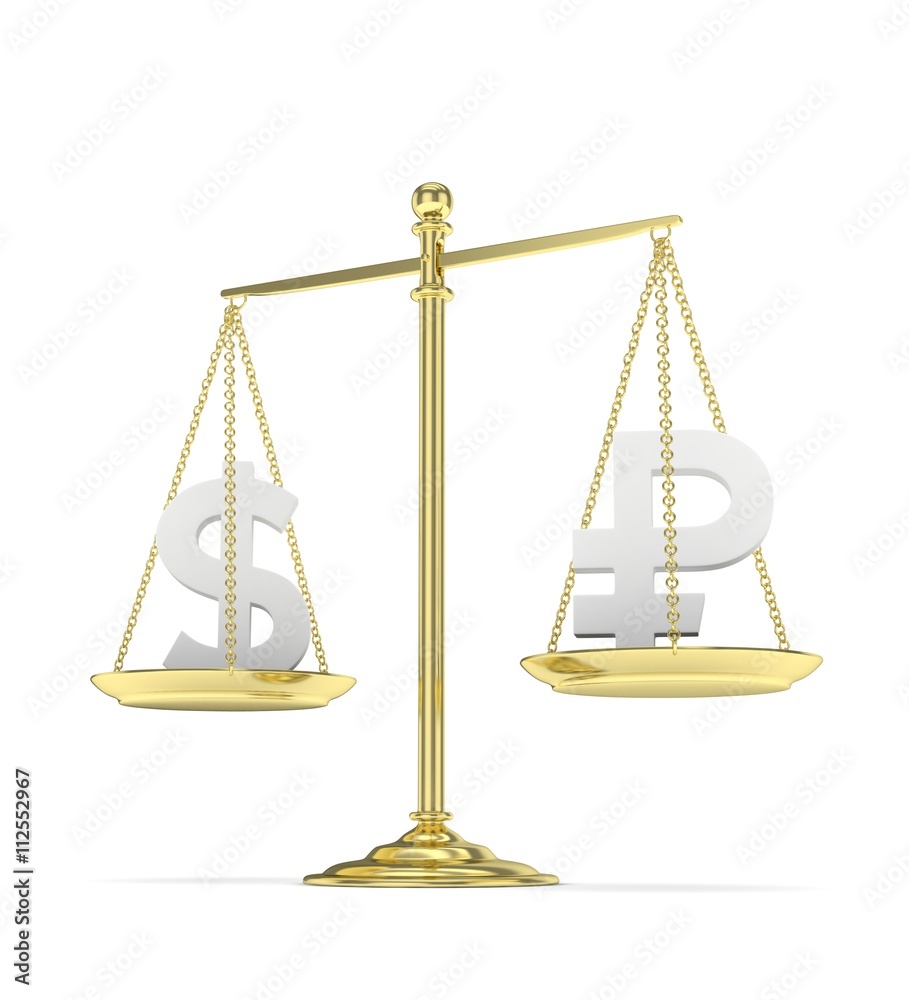Isolated old fashioned pan scale with dollar and ruble on white background. American and russian currency. Currency equality. 3D rendering. Isolated old fashioned pan scale with dollar and ruble on white background. American and russian currency. Currency equality. 3D rendering.