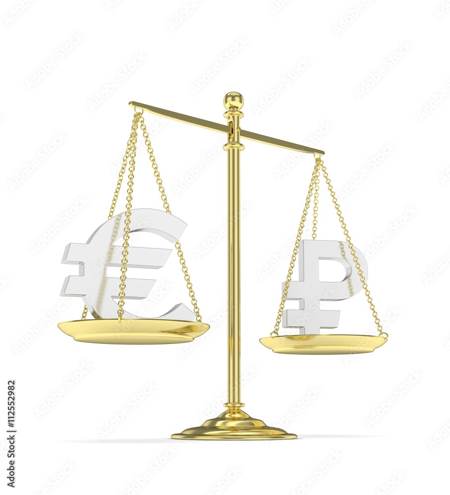 Isolated golden scales with silver euro and ruble currency. Russian and european finance. Measuring of market stability. 3D rendering. Isolated golden scales with silver euro and ruble currency. Russian and european finance. Measuring of market stability. 3D rendering.