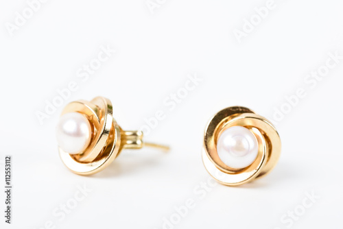 Gold Earrings With Pearl On White
