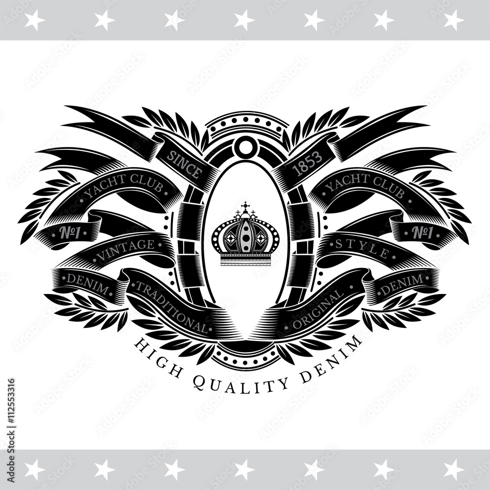 Obraz premium Crown In Center Of Oval Frame Between Ribbons With Laurel Elements. Vintage Label With Coat of Arms Isolated On White