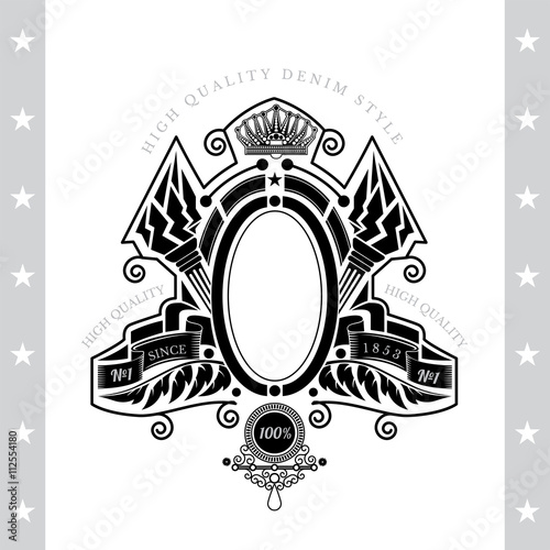 Oval Frame Between Riboons And Cross Torch. Vintage Label With Coat of Arms Isolated On White photo