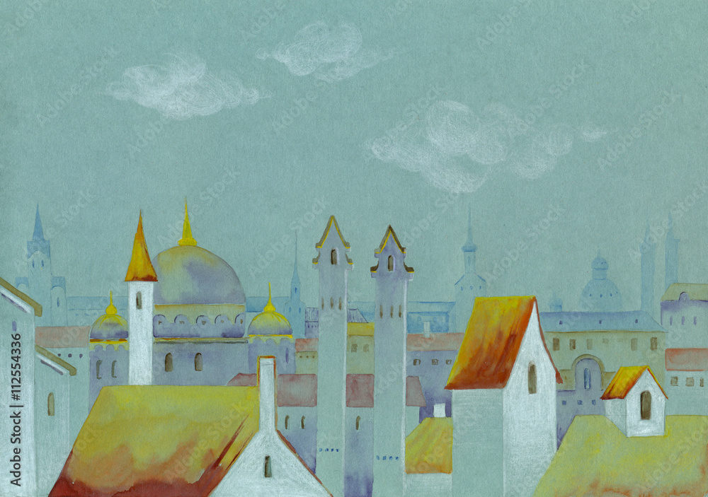 Fototapeta premium Watercolor painting on textured paper. Old fairy town.