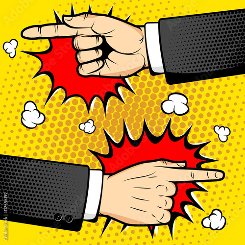 Human hands with pointing fingers in pop art style. Vector illus