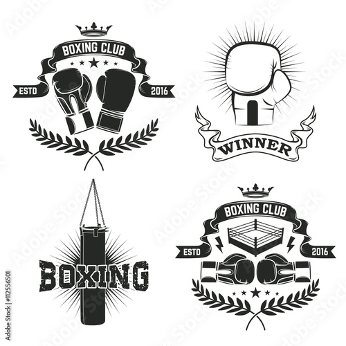 Set of the boxing club labels and badges. Vector illustration.