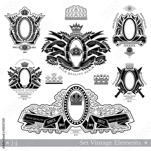 Set Of Oval Frame With Different Pattern, Ribbon And Weapons. Vintage Banners With Coat of Arms Isolated On White