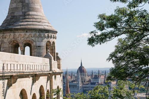 Fishermen's Bastion in the summer. Architectural details. Budapest, Hungary.
