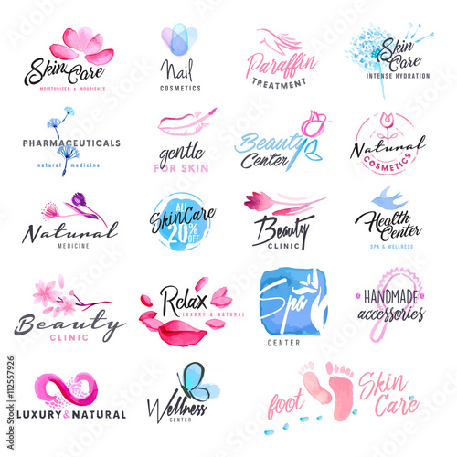 Set of hand drawn watercolor signs for beauty, healthy life and wellness. Vector illustrations for graphic and web design, for cosmetics, natural products, spa, beauty center.