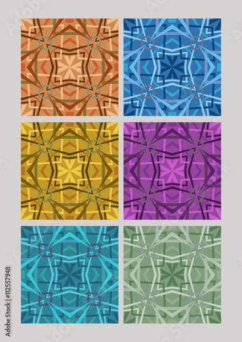 Set of geometric cubist patterns, tiles in different color variants, orange, blue, yellow, purple, green