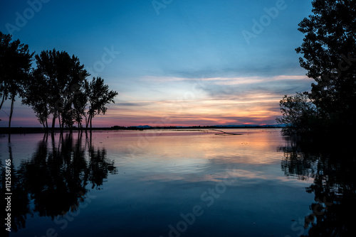 Trees reflect in the water sunrise Idaho Lake