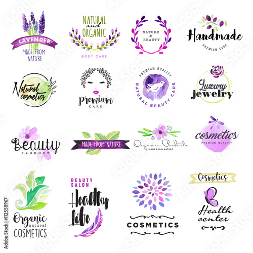 Set of hand drawn watercolor signs for beauty and cosmetics. Vector illustrations for graphic and web design, for natural and organic products, healthy life, beauty care.