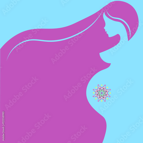 Beautiful nude pregnant woman silhouette, abstract turquoise blue subtle colors, elegant linear sketch symbol of motherhood, expectant mother, prospective mother, prenatal care