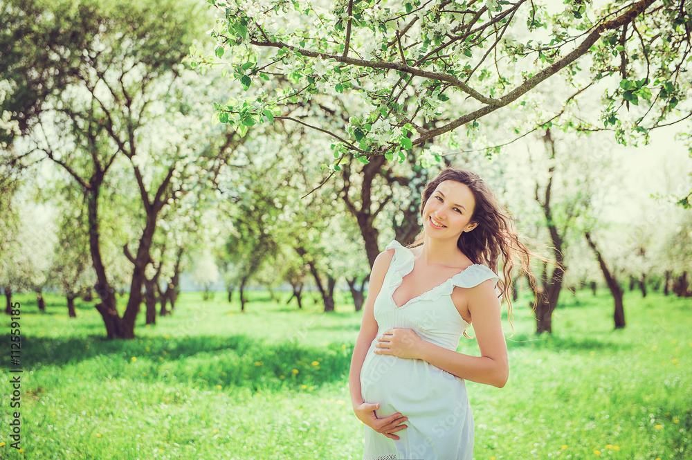 Pregnant woman in the apple orchard is holding tummy Pregnant woman in the apple orchard is holding tummy