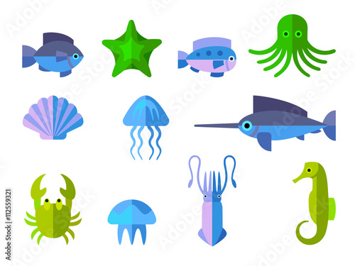 set of flat icons with aquatic animals