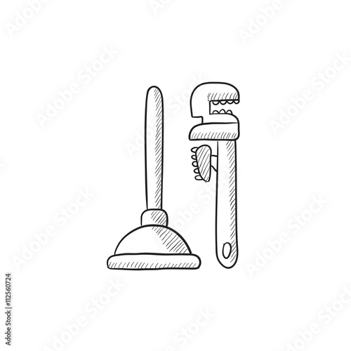 Pipe wrenches and plunger sketch icon.