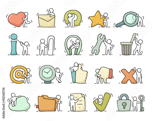 Multimedia icons set with working little people. Doodle cute miniature scenes of workers with buttons. Hand drawn cartoon vector illustration for phone buttons.