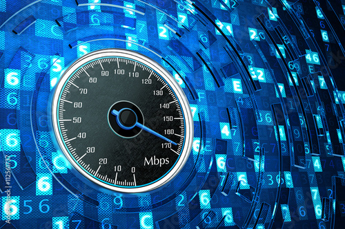 High speed internet connection, network performance and computer technology concept, speedometer dial on blue background with digital code data photo
