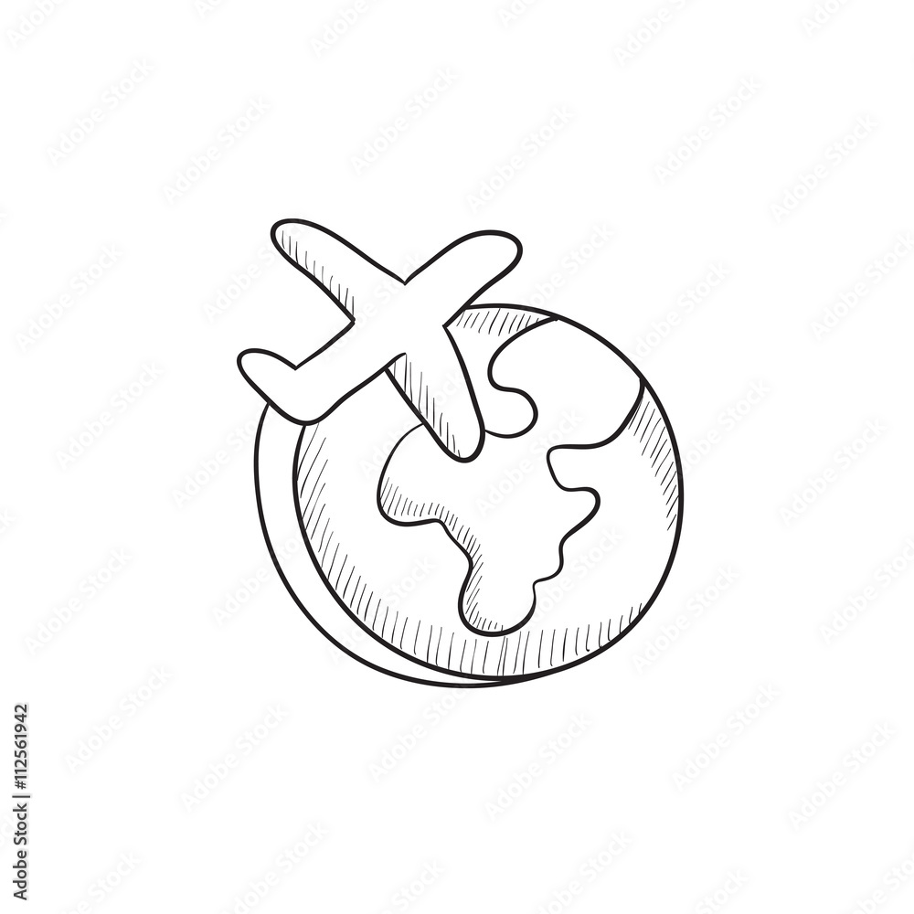 Airplane flying around the world sketch icon. Airplane flying around the world sketch icon.