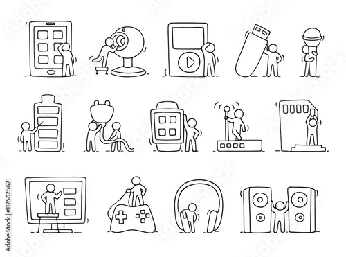 Electronic icons set of sketch working little people