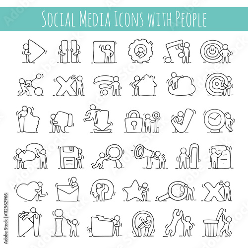 Multimedia icons set with working little people.