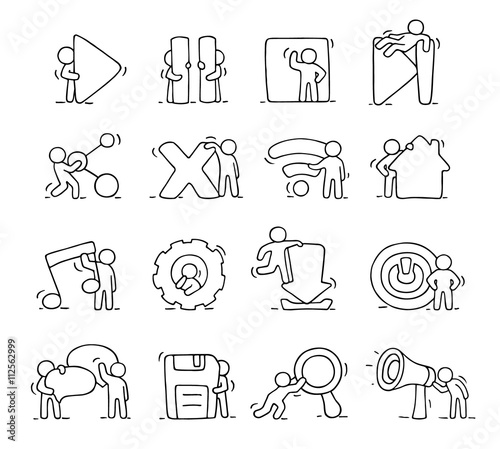 Multimedia icons set with working little people.