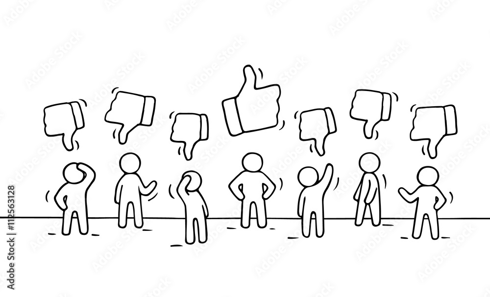 Sketch of working little people with like and dislike signs. Sketch of working little people with like and dislike signs.