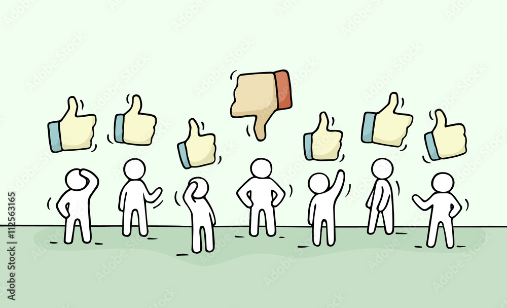 Sketch of working little people with like and dislike signs. Sketch of working little people with like and dislike signs.