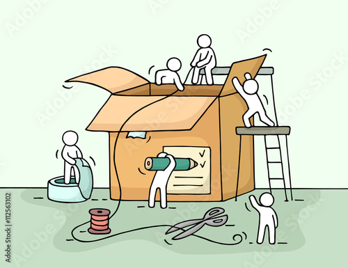Sketch of working little people with package.