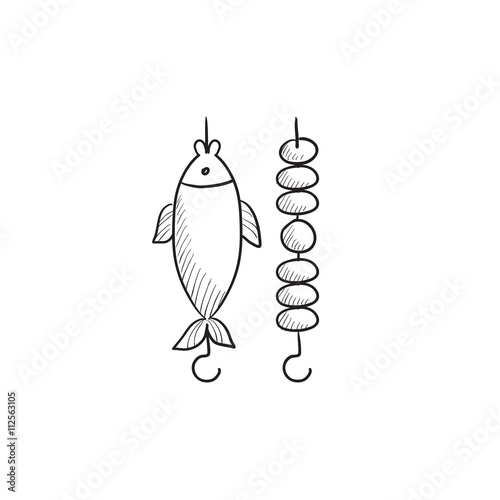 Shish kebab and grilled fish sketch icon.