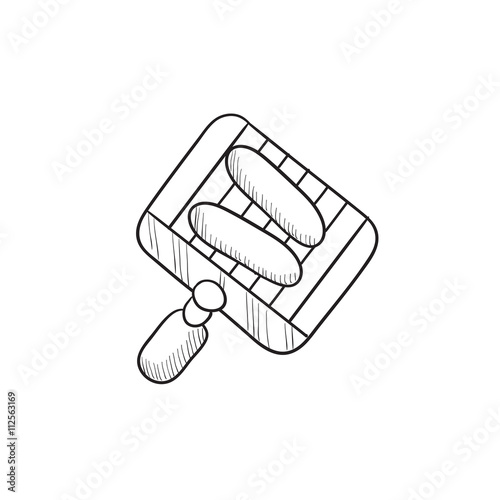 Grilled sausage on grate for barbecue sketch icon.