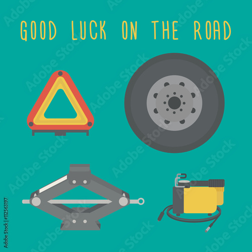 Good luck on the road. A Jack, spare wheel, warning triangle, car air compressor. Vector illustration.