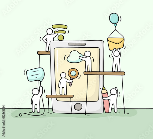 Sketch of working little people with smartphone.