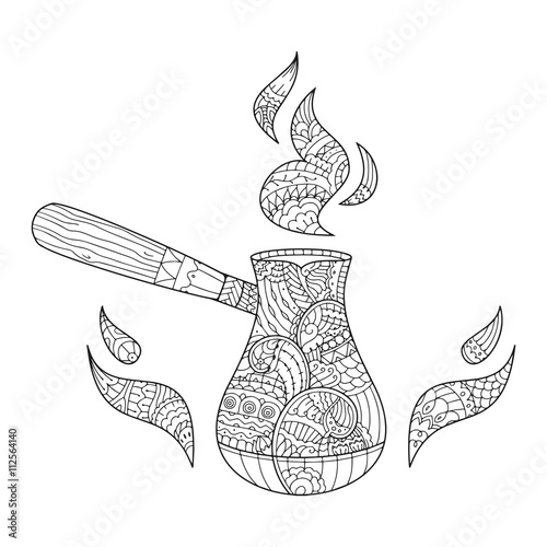 Hand drawn coffee in cezve in zentangle style. Vector illustration. Zendoodle. Adult coloring page.