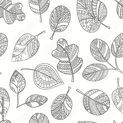Seamless pattern of decorative, abstract hand-drawn leaves.
Style zentangle. 
Monochrome range.

