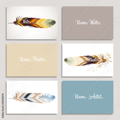 Set business card writer, artist, painter with color feather in boho style. Vector template