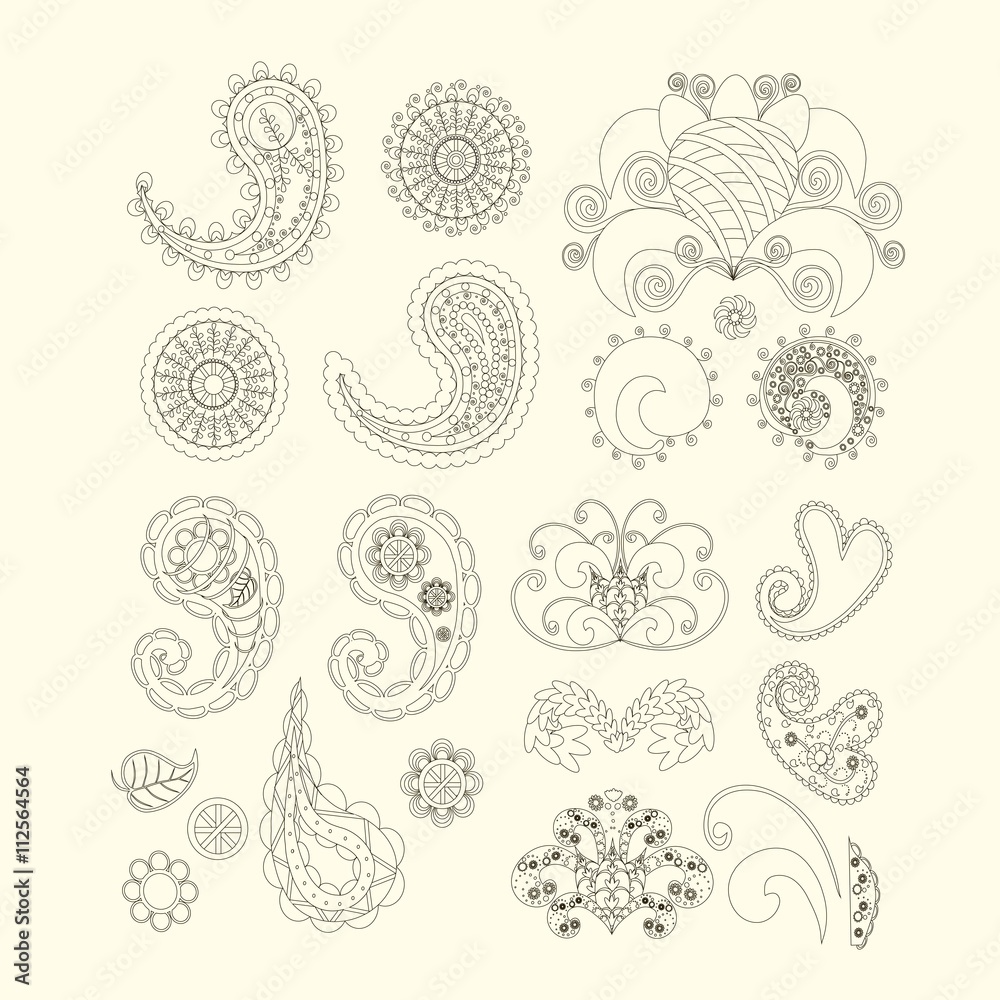 Set of cute paisley pattern (Turkish cucumber) for design of fabrics, tableware, wallpaper, isolated, vector Set of cute paisley pattern (Turkish cucumber) for design of fabrics, tableware, wallpaper, isolated, vector