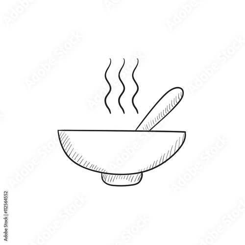 Bowl of hot soup with spoon sketch icon.