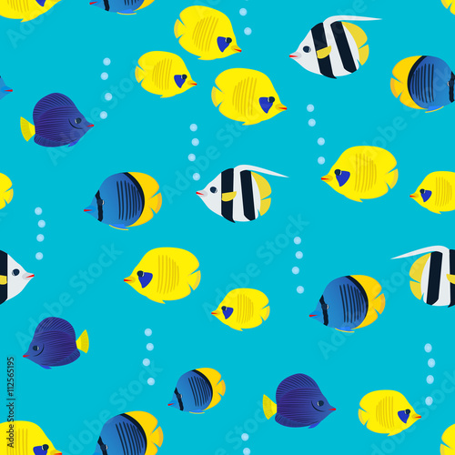 Colourful seamless pattern with cartoon coral reef vivid fish on blue background. Underwater life wallpaper.