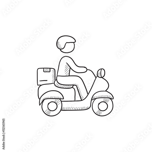 Man carrying goods on bike sketch icon.