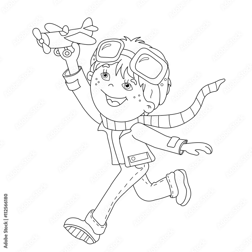 Coloring Page Outline Of cartoon boy with toy plane