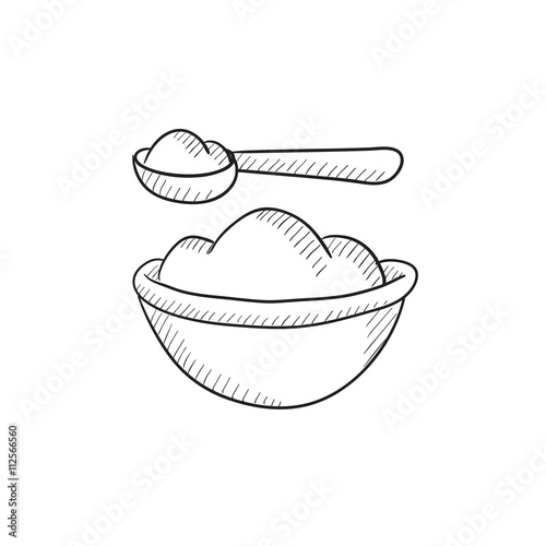 Baby spoon and bowl full of meal sketch icon.