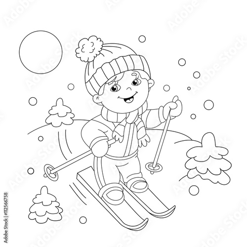 Coloring Page Outline Of cartoon boy riding on skis.