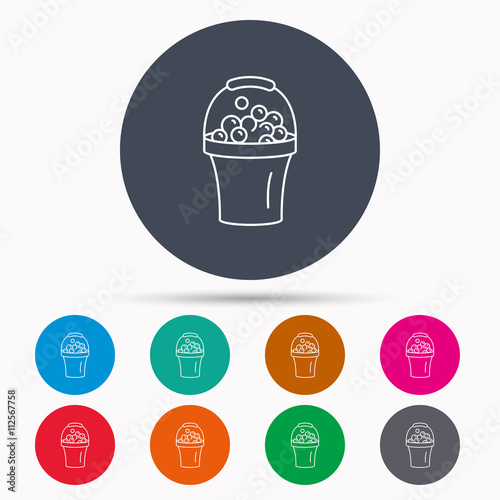 Bucket with foam icon. Soapy cleaning sign.