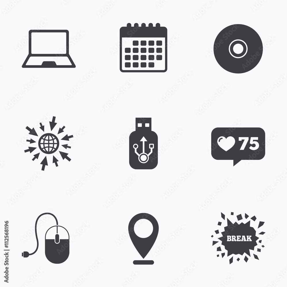 Notebook pc and Usb flash drive stick icons. Notebook pc and Usb flash drive stick icons.