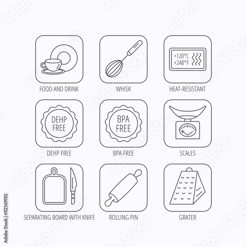 Kitchen scales, whisk and grater icons.