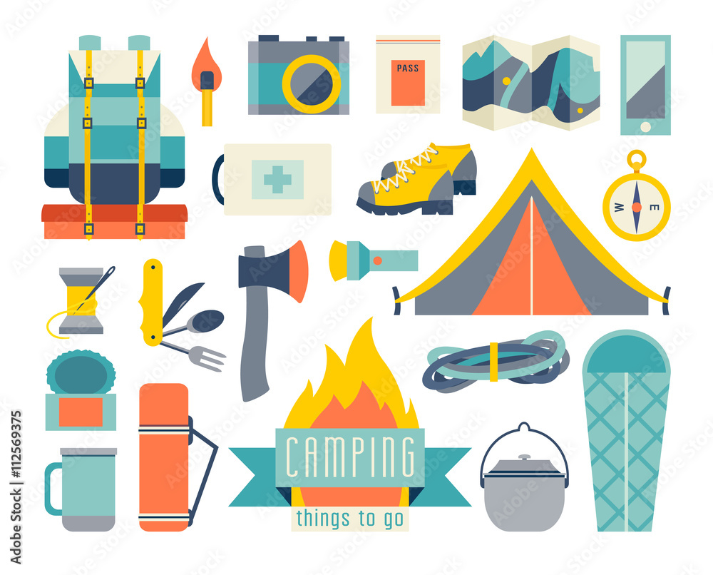 Camping icon set. Adventure hiking kit. Hiking and camping equipment.Tent  camp backpack, thermos, sleeping bag cartoon.Ax, map, flashlight  icon.Vector illustration isolated white background,flat style Stock Vector  | Adobe Stock