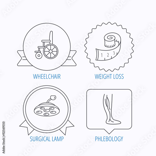 Weight loss, wheelchair and vein varicose icons.