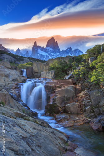 Mt Fitz Roy with a waterfall, Los Glaciares National Park, Argentina