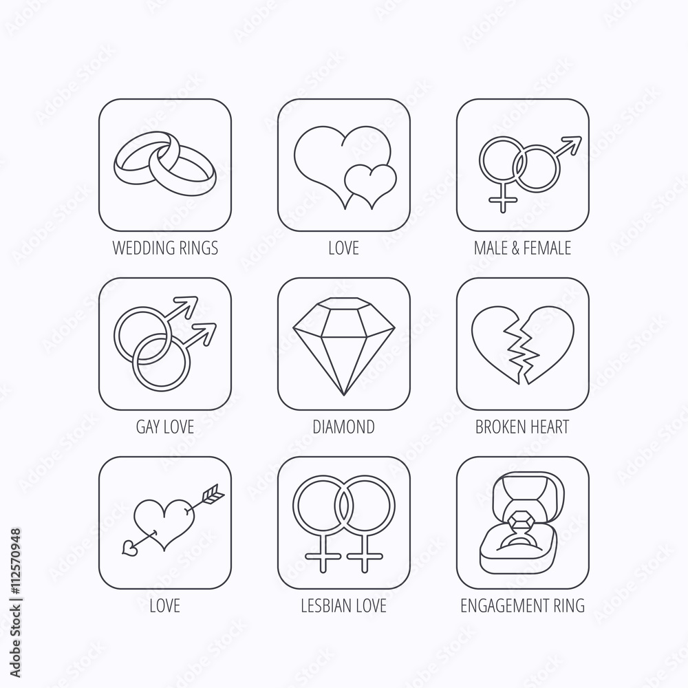 Love heart, gift box and wedding ring icons.