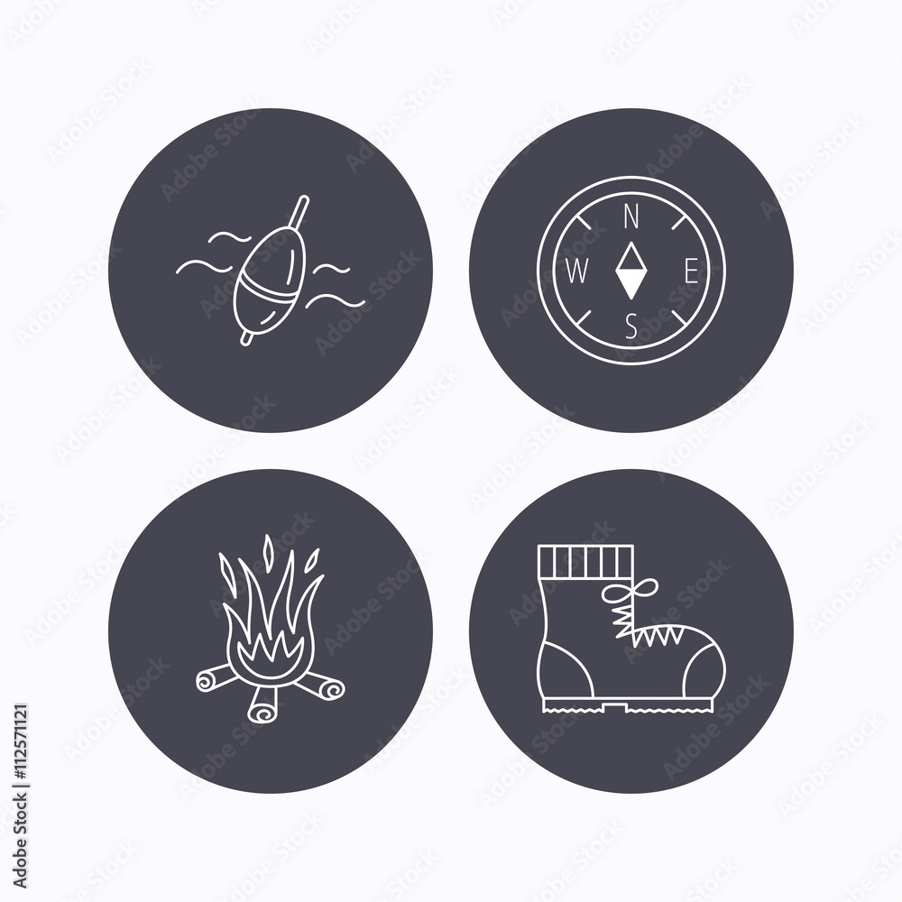 Bonfire, fishing float and hiking boots icons. Bonfire, fishing float and hiking boots icons.